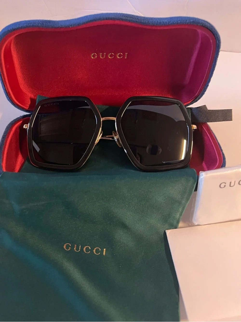 Gucci Black Oversized Geometric Sunglasses with Gold Trim